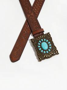 1 条复古棕色蓝玛瑙石装饰 PU 皮带 - 棕色-藍瑪瑙方盤 - 查看 5