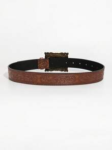 1 条复古棕色蓝玛瑙石装饰 PU 皮带 - 棕色-藍瑪瑙方盤 - 查看 4