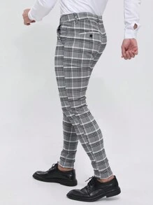 ALLELMS Men Light Grey Checked Slim Fit Stretch Chinos Plaid Pants - Grey - View 6