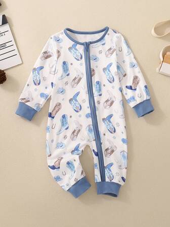 Baby Boy Printed Zip-Up Romper, Casual, Comfortable & Loose Fitting, Sports & Leisure Wear