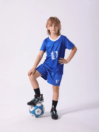 2pcs/Set Tween Boy V-Neck Contrast Color Digit Print Short Sleeve Top And Shorts Summer Sportswear, Size 10