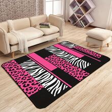 1pc Leopard And Zebra Print Area Rug, Pink Black White Animal Pattern, Polyester Non-Slip Backing, Home Decor Accent Carpet For Living Room, Bedroom, Office, Geometric Hunting Decoration Mat