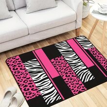 1pc Leopard And Zebra Print Area Rug, Pink Black White Animal Pattern, Polyester Non-Slip Backing, Home Decor Accent Carpet For Living Room, Bedroom, Office, Geometric Hunting Decoration Mat