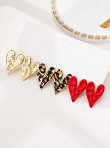 Set de 2 piezas/6 piezas/8 piezas de pendientes de diseño de corazón arrugado con estampado de leopardo de aleación de zinc para mujeres, pendientes de corazones lindos para Día de San Valentín, Fiesta, Mamá, Madre, Día de la Madre, Regalo - amar - Ver 10