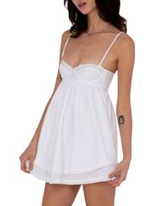 Women Nightdress, Spaghetti Straps Low-Cut Dual Layer Lace Patchwork Pleated Mini Slip Dress - 白色 - 查看 4