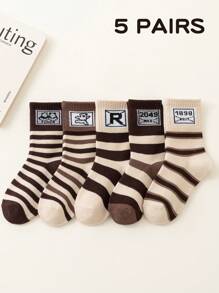 5 Pairs Kids' Coffee, White Striped, Beige Panda & Bear Letter/Number Loose Top Mid-Calf Socks, Unisex Street Casual Socks For School, Students, Boys And Girls, Suitable For Spring, Autumn And Winter - Multicolor - View 7