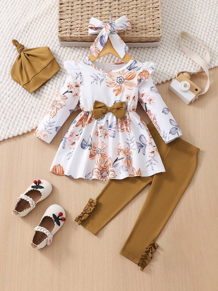 Bộ quần áo và áo xếp nếp họa tiết hoa dễ thương giản dị cho bé gái - Nhiều màu - Xem 1