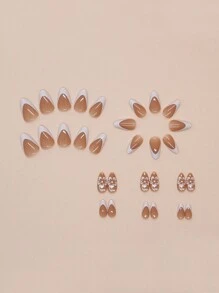 24 件短杏仁形按压指甲指甲套装，白色法式可拆卸假指甲，甜美清新 DIY 指甲装饰