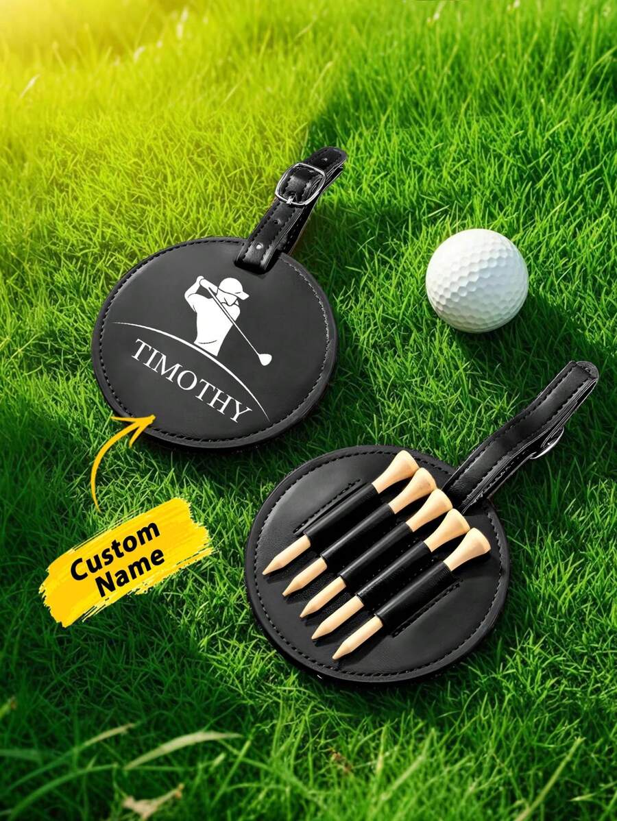 1pc Customized Engraved Leather Golf Bag Tag | Personalized 5-Hole Golf Ball Display Stand | Gift For Golf Enthusiasts | Available In Black And Brown | Groomsman Gift, Gift For Dad/Mom | Diameter: 9.5*9.5cm | Birthday, Christmas, Retirement Gift | Handmade Golf Accessory - Multicolor - View 1