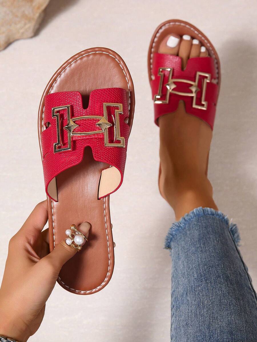 Dép đế bằng thường ngày phong cách Hàn Quốc dành cho nữ, Dép xỏ ngón hở mũi, Dép bện phong cách La Mã thời trang cho mùa hè, Thích hợp mặc với váy, bãi biển, căn hộ, màu nâu, thiết kế phẳng - Đỏ - Xem 1