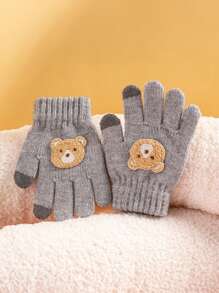 1 双儿童可爱卡通熊贴花保暖冬季针织手套（适合男孩/女孩） - 彩色 - 查看 3