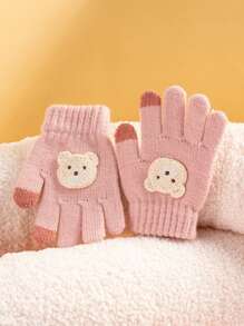 1 双儿童可爱卡通熊贴花保暖冬季针织手套（适合男孩/女孩） - 彩色 - 查看 2