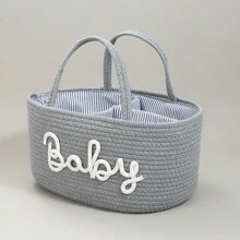 Letter Design Removable Lining Rope Woven Baby Storage Basket, Compartment Diaper Caddy With Dry & Wet Separation