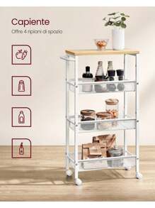 VASAGLE Carrello a 4 Ripiani, Carrello Cucina Salvaspazio con Ruote, Struttura in Acciaio, Maniglia, Carrellino Piccoli Spazi, Bagno Salotto Studio, Beige Rovere e Bianco - Zenzero - Visualizzare 2