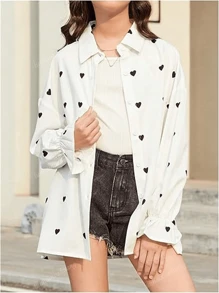 Women Front Button Long Sleeve Heart Print Simple Casual Blouse, Daily Wear