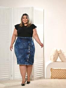 Women's Evangelical Plus Size Jeans Skirt With Zig Zag Detail - Rửa nhẹ - Xem 5