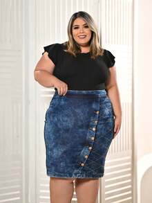 Women's Evangelical Plus Size Jeans Skirt With Zig Zag Detail - Rửa nhẹ - Xem 3
