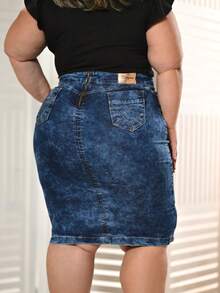 Women's Evangelical Plus Size Jeans Skirt With Zig Zag Detail - Rửa nhẹ - Xem 2