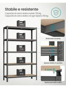 SONGMICS Scaffalatura a 5 Ripiani, Scaffale in Acciaio, Montaggio Rapido, Utensili, Strumenti in Garage, Magazzino, Ripostiglio, Portante 875 kg, 60 x 120 x 200 cm, Grigio - Grigio - Visualizzare 2