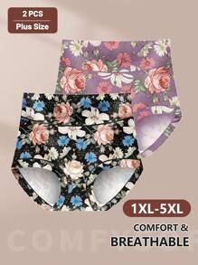 MIOTAN 2 paquetes de bragas de cintura alta talla grande para mujer, bragas suaves y cómodas de uso diario con diseño de estampado floral