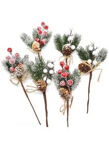 2 件圣诞红色浆果人造花松果树枝圣诞树装饰品礼品包装家居 DIY 花环 - 彩色 - 查看 2
