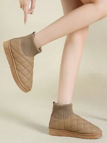 女式厚底菱形图案保暖保暖内衬防滑雪地靴 - 卡其色 - 查看 2