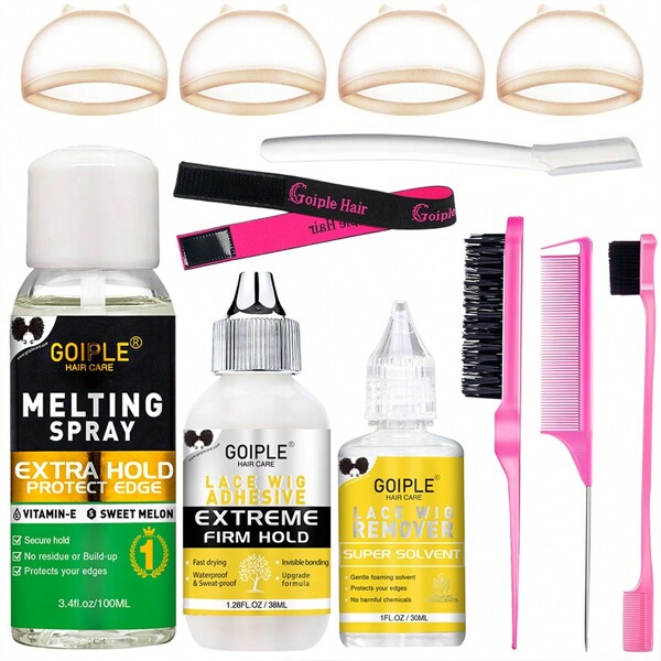 Goiple Waterproof Lace Glue Kit: Wig Melting Spray Extra Hold Glueless Adhesive For Bonding Lace Front, Includes Lace Melting Spray, Wig Glue, Adhesive Remover & Wig Setting Tools, Complete With A Full Set Of Accessories, Firmly Fixed And Long - Lasting, And Easy To Use.