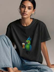 Women's Print Short Sleeve T-Shirt, Black & White Shirt, 180gsm Shirt, Crew Neck Short Sleeve T-Shirt, Breathable & Comfortable Casual Sports Fitness Tee, Casual Vintage Style, Suitable For Summer, Beach Holiday Crew Neck Short Sleeve Casual T-Shirt, Summer Tee