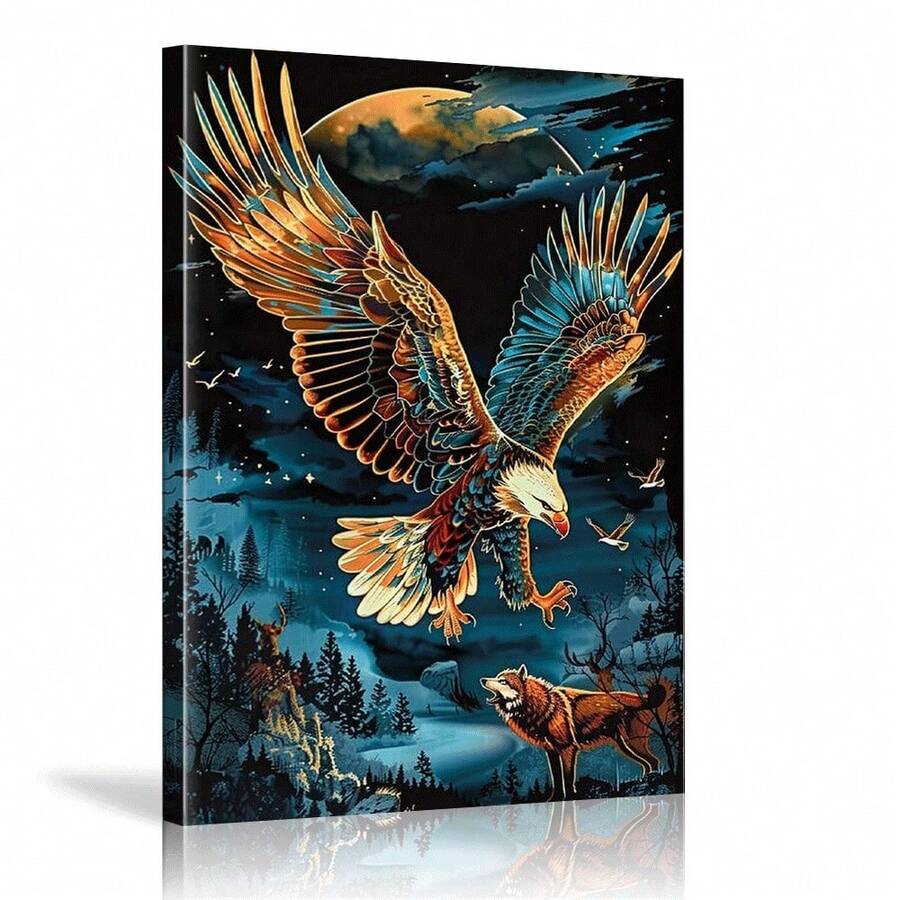 1pc Framed "Nighthawk And Wolf" Colorful Wall Art Canvas Poster Print, Best Gift For Modern Room Living Room Bathroom Bedroom Hotel Apartment Classroom Kids Dining Room Dormitory Home Office Wall Decoration, Ready To Hang - Multicolor - View 1