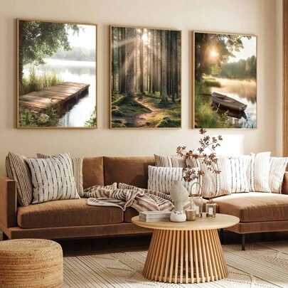 3 Pieces/Set Of Forest And Lake Print Posters, Natural Landscape Wall Art Decorative Paintings, Sunrise Boat Lake Landscape Wildflower Photo Paintings, Green Landscape Gallery Art, Wall Art Prints, Abstract Nature Hanging Paintings, Wall Suits, Modern Decorative Paintings, Frameless Canvas Posters, Ideal Gifts, Modern Wall Art Prints, Suitable For Living Room, Study Bedroom Corridor Art Decorative Paintings