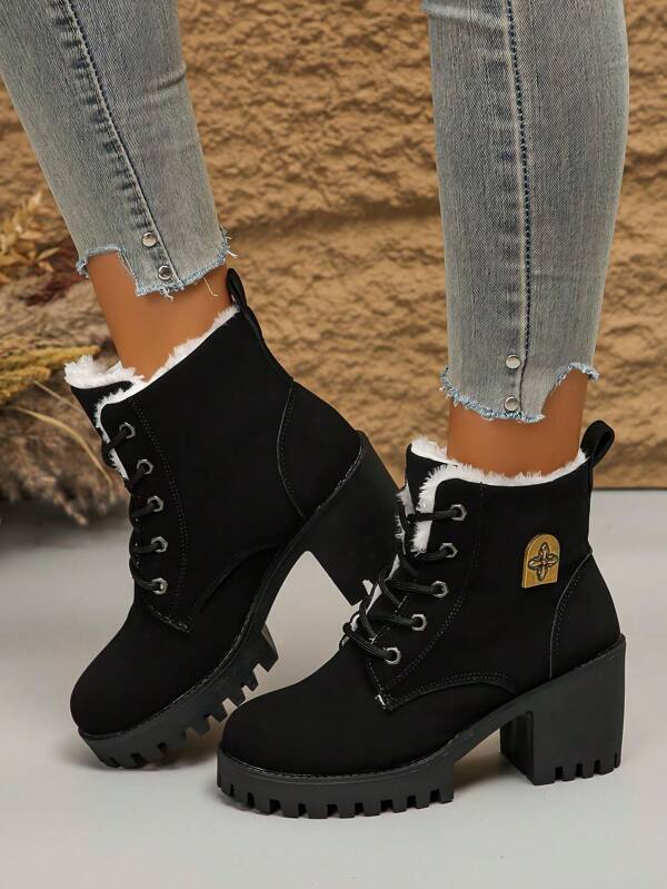 2024 Autumn/Winter New Thick Sole Boots For Women, Waterproof Platform Lace-Up High Heel Short Boots, Plus Size