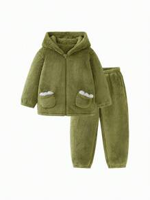 mini bala Boys' And Girls' Homewear Pajama Set For Outdoor Wear Fall/Winter Warm Collection - Army Green - View 4