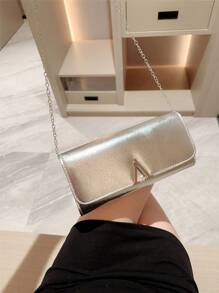 1pc Fashion Minimalist Leather Flap Clutch, Formal Dress Accessory Envelope Bag With Shiny Metal Edge Decor, Party Handbag With Chain Strap, Suitable For Ball, Gathering, Birthday Party