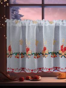 1 Stück weiße Weihnachten Kerze & Glocke Stickerei Kaffee Vorhang, Weihnachtsthema Polyesterstoff mit Glocke Stickerei Dekoration, geeignet für Küchenschrank, Buchtfenster, Türeingänge, Heimdekoration - Beige - Übersicht 3