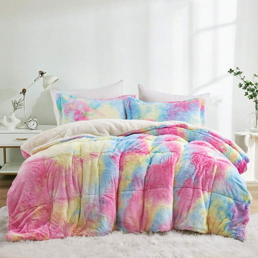 PEACE NEST Super Soft Warm Fluffy Fleece Plush Comforter Antistatic Bed Blanket , Reversible Sherpa Berber Fleece Comforter Sets FWinter Warm Bedding Sets With 2 Pillow Cases, Queen Or King - 豐富多彩的 - 查看 1