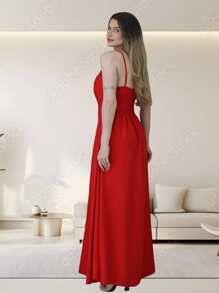 Long Dress - Women's Strap Dress, Sensoriale Tailoring Fabric - Đỏ - Xem 4