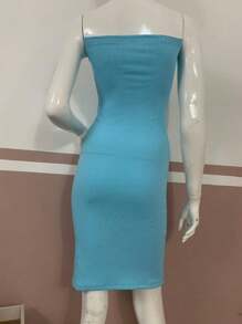 Women's Strapless Short Tube Dress Premium Double Ribbed Knit 0928 - Màu xanh lam - Xem 3