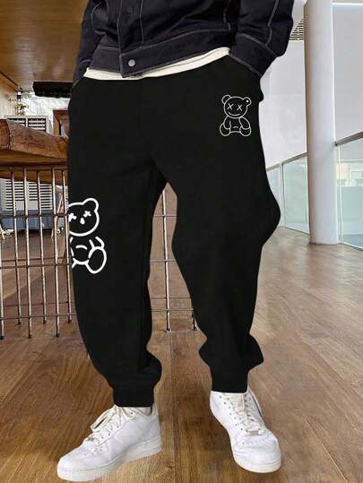 1pc Tween Boys Casual & Fashionable Bear Print Loose Fleece Sport Jogger Pants, Suitable For Spring & Autumn