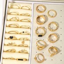 28 件/套 Y2K 风格锌合金女士戒指，几何线条、波浪、心形、水晶和人造珍珠组合叠戴戒指，私密珠宝礼品套装 - 金色 - 查看 8