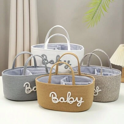 Letter Design Removable Lining Rope Woven Baby Storage Basket, Compartment Diaper Caddy With Dry & Wet Separation