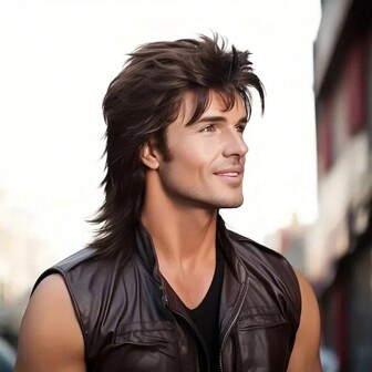 男士合成马尾 14 英寸假发、70 年代和 80 年代化装派对发型、直发、服装、男士花式派对配饰、棕色角色扮演假发、万圣节假发