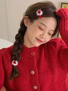 4 件装新款心形和蝴蝶结蓬松圣诞发夹，可爱发夹，适合马尾辫，时尚派对发饰 - 紅色 - 查看 6