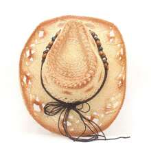 Cowboy Hat Creative Curled Straw Hollow Design  Beads Chain Decoration Shade Straw Hat - Beige - Ver 4