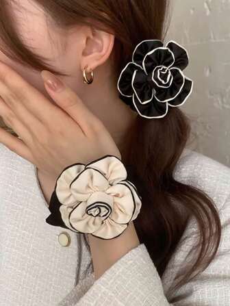 1/2 Pcs Elegant Fabric Camellia Hair Scrunchie, Stylish Versatile Elastic Hair Tie, Hair Rope For Ponytail,Beach Outfit,Beach Hair Flower Accessories,Beach Vacation Ponytail Holders Hair Elastics Hair Rubber Bands Scrunchies, Hair Bobbles