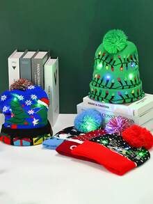 1 pieza Gorro de Navidad de punto con luces LED, regalo para fiesta de Año Nuevo, decoración navideña, gorro de Año Nuevo 2025, accesorio para Nochebuena - Multicolor - Ver 3