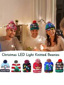 1 pieza Gorro de Navidad de punto con luces LED, regalo para fiesta de Año Nuevo, decoración navideña, gorro de Año Nuevo 2025, accesorio para Nochebuena - Multicolor - Ver 9