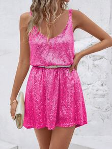 欧美风夏季新款亮片V领无袖百搭派对连衣裙 - 玫紅色 - 查看 3