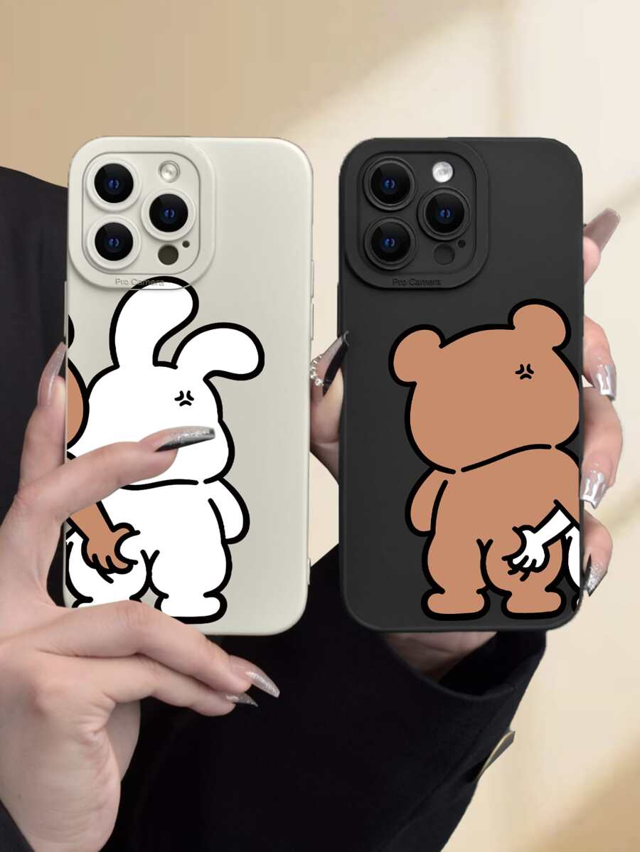 1个情侣傻熊印花2D图案创意趣味可爱情侣手机壳，适合送给朋友、家人、情侣，生日礼物，圣诞节，新年礼物，黑色/白色哑光软壳，防尘防水全包保护壳，兼容苹果手机/防震防摔防刮花 - 黑色 - 查看 1