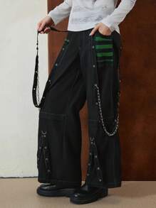 Women Cargo Jeans, Striped Zipper Button Closure Loose Casual Trousers Streetwear With Pockets - 綠色 - 查看 4