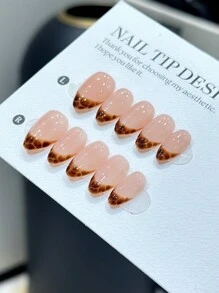 10 piezas de Uñas postizas cortas de almendra hechas a mano, de estilo minimalista de moda con un patrón de estampado de leopardo pintado a mano, uñas postizas de alta calidad para uso diario de mujeres y niñas, con set de accesorios para uñas